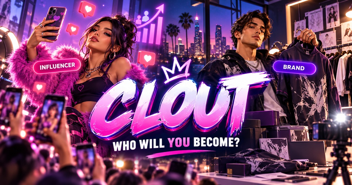 CLOUT: Who will you become? A content creator and fashion brand founder in neon pink and violet.